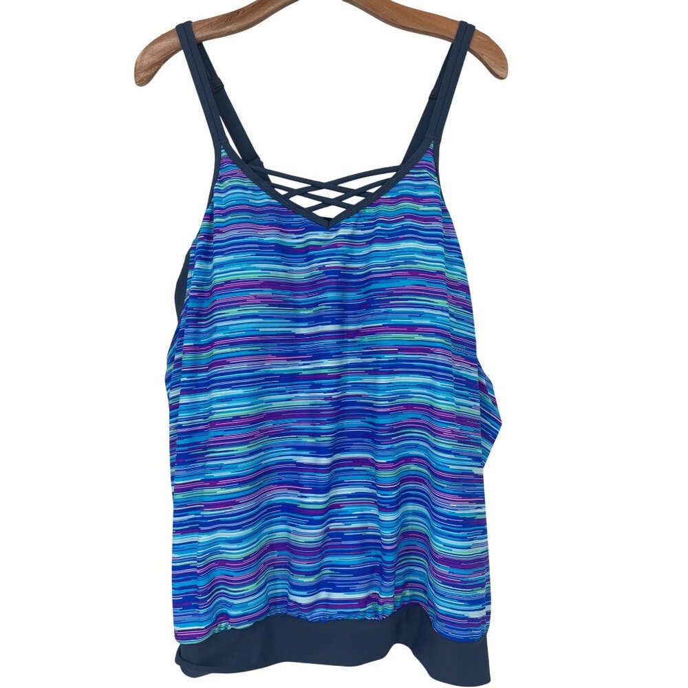 Free Country Womens Tankini Top size 3X  plus blue Striped Adjustable Straps new